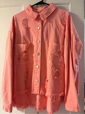 Pink Lily Coral Pink Distressed Jean Jacket
